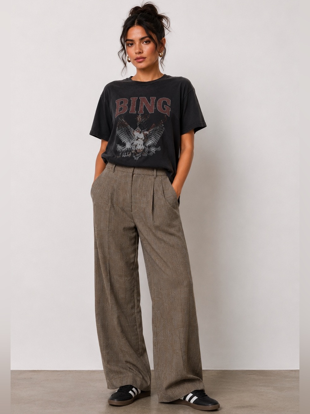 Anine Bing Wide-Leg Plaid Trousers in Brown Old Money Preppy Collegiate